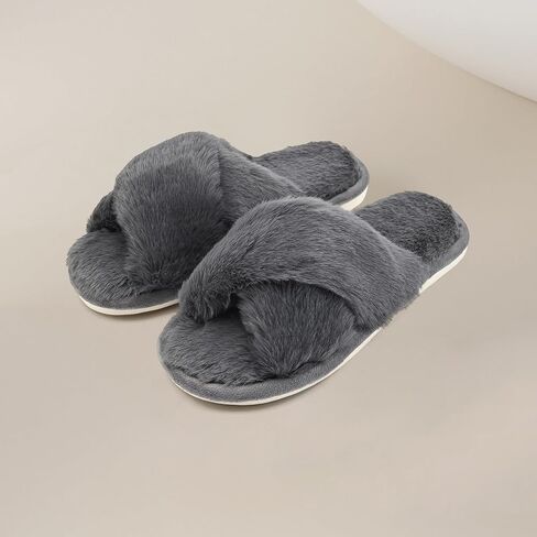 Fuzzy House Slippers for Women, Cross Band with Memory Foam Cozy Comfy Women's Slipper Cute Soft Open Toe Shoes Slip On Gifts for Womens Mom Her Ladies Bridesmaid Sandals Indoor Outdoor in Saudi Arabia