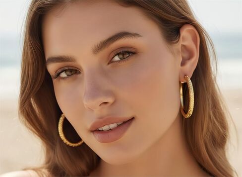 أقراط طارة ذهب 14K أقراط طارة ذهب للنساء كبيرة 14K القرط الأطواق المتداخلة النقش تصميم المرأة القرط 30 مللي متر in Kuwait