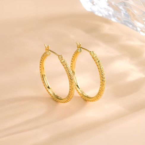 أقراط طارة ذهب 14K أقراط طارة ذهب للنساء كبيرة 14K القرط الأطواق المتداخلة النقش تصميم المرأة القرط 30 مللي متر in Kuwait