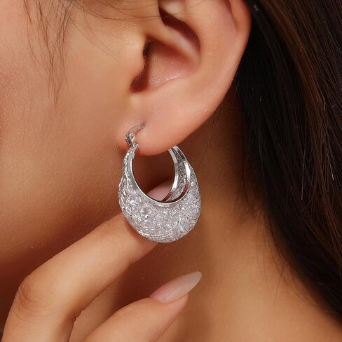 14K Gold Plated 23–25mm Lightweight Mesh Hoop Earrings for Women, Cubic Zirconia, 925 Sterling Silver Post, Hypoallergenic in Saudi Arabia