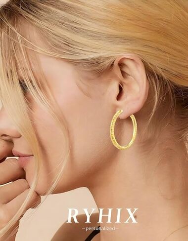 أقراط طارة ذهب 14K أقراط طارة ذهب للنساء كبيرة 14K القرط الأطواق المتداخلة النقش تصميم المرأة القرط 30 مللي متر in Kuwait