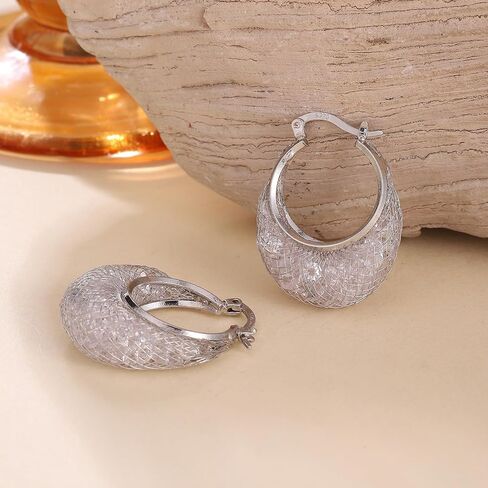 14K Gold Plated 23–25mm Lightweight Mesh Hoop Earrings for Women, Cubic Zirconia, 925 Sterling Silver Post, Hypoallergenic in Saudi Arabia