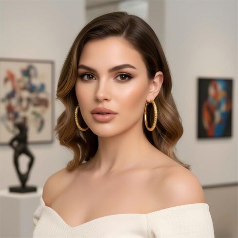 أقراط طارة ذهب 14K أقراط طارة ذهب للنساء كبيرة 14K القرط الأطواق المتداخلة النقش تصميم المرأة القرط 30 مللي متر in Kuwait