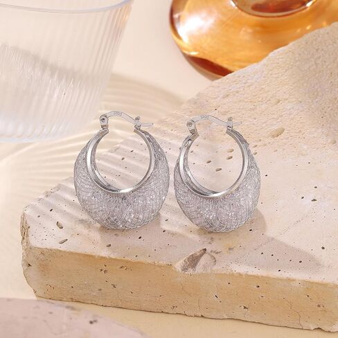 14K Gold Plated 23–25mm Lightweight Mesh Hoop Earrings for Women, Cubic Zirconia, 925 Sterling Silver Post, Hypoallergenic in Saudi Arabia