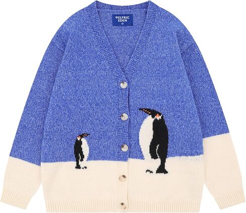 Aelfric Eden Cardigan Sweater Open Front Knit Cardigans Penguin Graphic Color Blocking Sweaters Y2k 2025 Outfits in Saudi Arabia