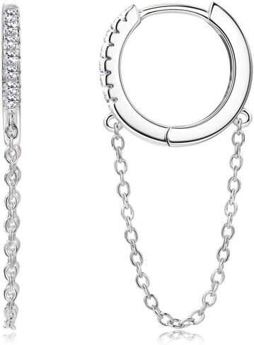14K Solid Gold over S925 Silver Diamond Earrings, 0.056 Carat Round Cut VVS1 Clarity Ear Hoops with Tassel Chain - Unique, Fashionable Ear Adornments in Saudi Arabia