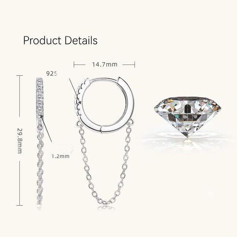 14K Solid Gold over S925 Silver Diamond Earrings, 0.056 Carat Round Cut VVS1 Clarity Ear Hoops with Tassel Chain - Unique, Fashionable Ear Adornments in Saudi Arabia
