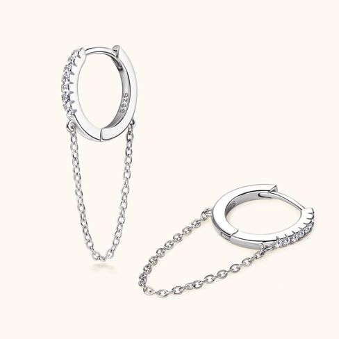 14K Solid Gold over S925 Silver Diamond Earrings, 0.056 Carat Round Cut VVS1 Clarity Ear Hoops with Tassel Chain - Unique, Fashionable Ear Adornments in Saudi Arabia
