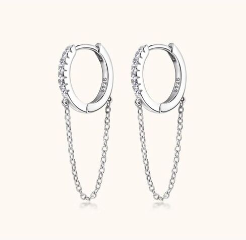 14K Solid Gold over S925 Silver Diamond Earrings, 0.056 Carat Round Cut VVS1 Clarity Ear Hoops with Tassel Chain - Unique, Fashionable Ear Adornments in Saudi Arabia