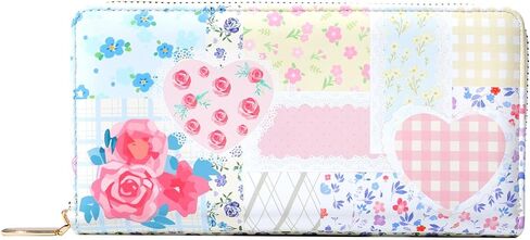 Sunwel Fashion Floral Clutch Wallet للنساء خمر المرقعة Ditsy الزهور سستة حول محفظة بطاقة الائتمان (الرقعة الوردية) in Kuwait