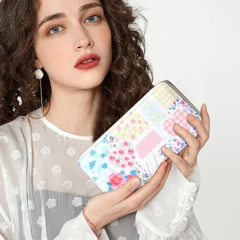 Sunwel Fashion Floral Clutch Wallet للنساء خمر المرقعة Ditsy الزهور سستة حول محفظة بطاقة الائتمان (الرقعة الوردية) in Kuwait