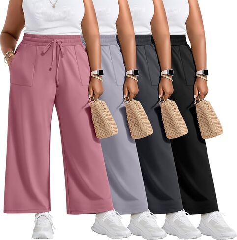 4 Pack Women Plus Size Pants Drawstring Yoga Pants with Pockets Baggy Wide Leg Sweatpants Lounge Palazzo Trousers in Saudi Arabia