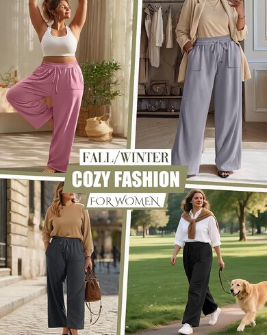 4 Pack Women Plus Size Pants Drawstring Yoga Pants with Pockets Baggy Wide Leg Sweatpants Lounge Palazzo Trousers in Saudi Arabia