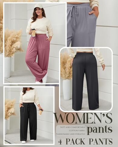 4 Pack Women Plus Size Pants Drawstring Yoga Pants with Pockets Baggy Wide Leg Sweatpants Lounge Palazzo Trousers in Saudi Arabia