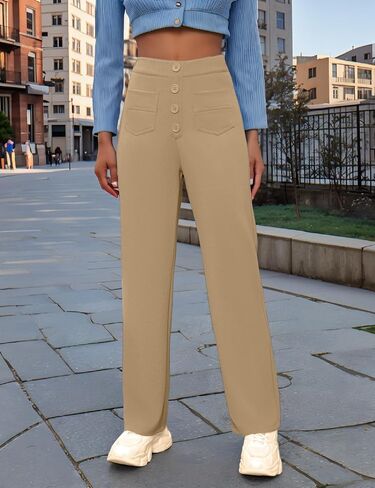 Women's Stretchy Business Casual Pants High Waisted Straight Leg Trousers with Multiple Pockets and Button Design in Saudi Arabia