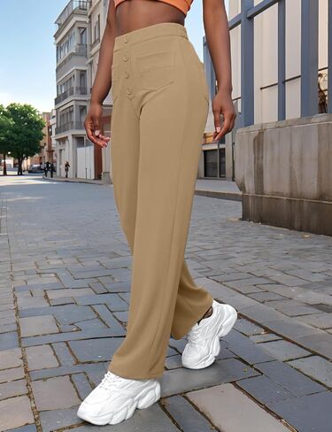 Women's Stretchy Business Casual Pants High Waisted Straight Leg Trousers with Multiple Pockets and Button Design in Saudi Arabia