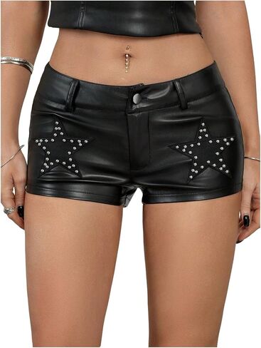 Floerns Women's Y2k Mini Shorts Star Rivet Low Waist PU Leather Concert Rave Outfit Hot Pants in Saudi Arabia