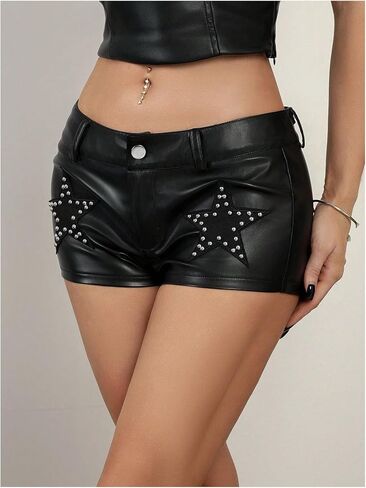 Floerns Women's Y2k Mini Shorts Star Rivet Low Waist PU Leather Concert Rave Outfit Hot Pants in Saudi Arabia