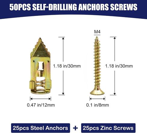 Maozaa 150 pcs Self-Drilling Drywall Anchors with Screws, 0.47x1.18 Inch Zinc Plated Steel Drywall Wall Anchors and Screws Kit Heavy Duty, Easy Application No Drill or Holes in Wall in Kuwait