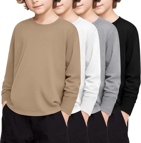 4 Pack Boy's Long Sleeve Shirts, Crew Neck Soft Tops Toddler Kids Basic Tees 3T-16 Years in Saudi Arabia