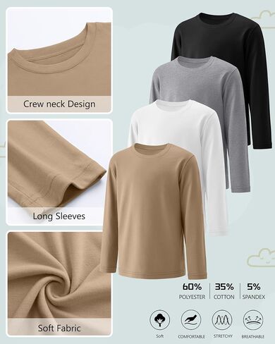 4 Pack Boy's Long Sleeve Shirts, Crew Neck Soft Tops Toddler Kids Basic Tees 3T-16 Years in Saudi Arabia