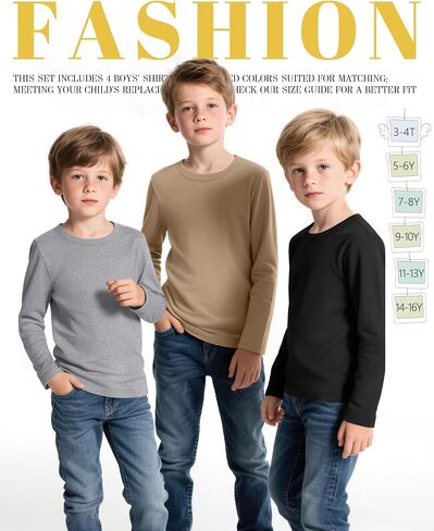 4 Pack Boy's Long Sleeve Shirts, Crew Neck Soft Tops Toddler Kids Basic Tees 3T-16 Years in Saudi Arabia