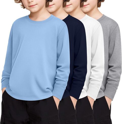 4 Pack Boy's Long Sleeve Shirts, Crew Neck Soft Tops Toddler Kids Basic Tees 3T-16 Years in Saudi Arabia