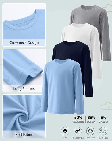 4 Pack Boy's Long Sleeve Shirts, Crew Neck Soft Tops Toddler Kids Basic Tees 3T-16 Years in Saudi Arabia