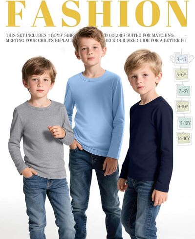 4 Pack Boy's Long Sleeve Shirts, Crew Neck Soft Tops Toddler Kids Basic Tees 3T-16 Years in Saudi Arabia