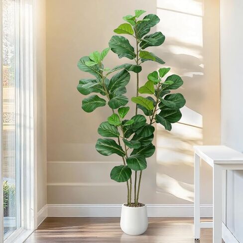 Artificial Fiddle Leaf Fig Tree with White Planter,6ft Tall Fake Plants with 4 Trunk,Faux Fig Trees Floor Plant in Pot,Fake Ficus Lyrata Trees for Indoor Living Room Bedroom Office Housewarming Gift in Saudi Arabia