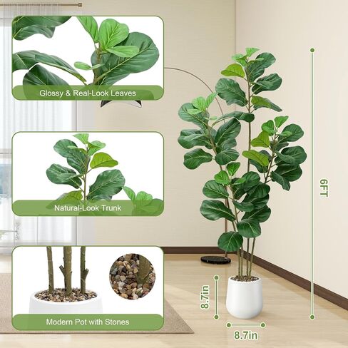 Artificial Fiddle Leaf Fig Tree with White Planter,6ft Tall Fake Plants with 4 Trunk,Faux Fig Trees Floor Plant in Pot,Fake Ficus Lyrata Trees for Indoor Living Room Bedroom Office Housewarming Gift in Saudi Arabia