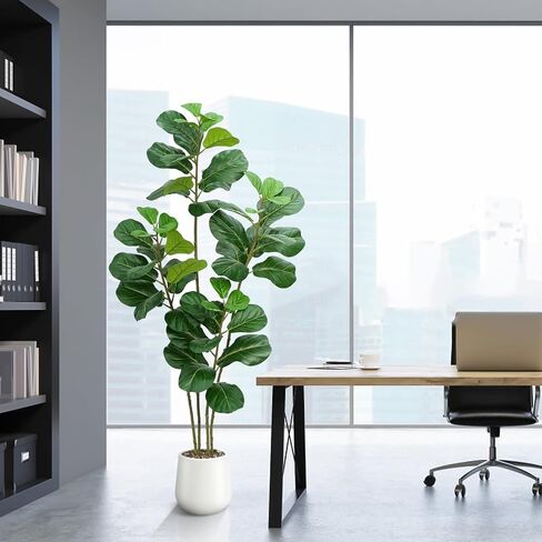 Artificial Fiddle Leaf Fig Tree with White Planter,6ft Tall Fake Plants with 4 Trunk,Faux Fig Trees Floor Plant in Pot,Fake Ficus Lyrata Trees for Indoor Living Room Bedroom Office Housewarming Gift in Saudi Arabia