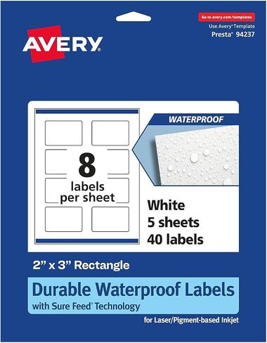 Avery Durable Waterproof Rectangle Labels with Sure Feed, Print to The Edge, 2" x 3", 40 Oil and Tear-Resistant Labels, Laser/Pigment-Based Inkjet Printable Labels (36559) in Saudi Arabia