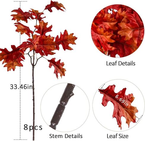 MISSPIN Artificial Fall Oak Tree Leaves Stems 8 PCS, Fall Decorations for Indoor Outdoor Halloween Thanksgiving Farmhouse Arrangement Decorations for Front Door Wedding Centerpieces in Autumn in Kuwait