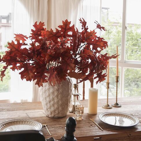 MISSPIN Artificial Fall Oak Tree Leaves Stems 8 PCS, Fall Decorations for Indoor Outdoor Halloween Thanksgiving Farmhouse Arrangement Decorations for Front Door Wedding Centerpieces in Autumn in Kuwait