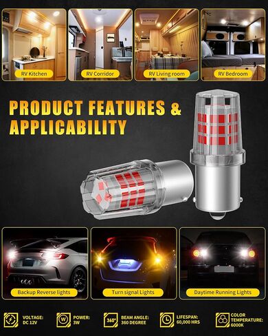 AILEO 1157 LED لمبة أصفر كهرماني، فائقة السطوع 12 فولت BAY15D 2057 2357 7528 مصابيح LED لإشارة الانعطاف للوامض الأمامي والخلفي، الفرامل، الذيل، أضواء وقوف السيارات، للسيارة، RV، مقطورة، قارب، حزمة من 4 in Kuwait
