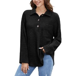 Women Waffle Knit Tops Long Sleeve Henley Shirts Womens Button-Up Casual V Neck Tunic Fall Pullover Sweater in Saudi Arabia