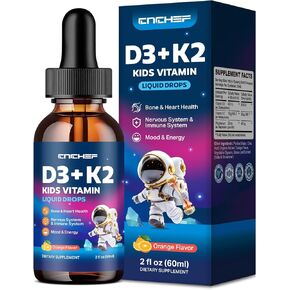Vitamin D3 K2 Drops for Kids - Liquid Supplement with Magnesium for Calcium Absorption, Joint Health, Teeth & Heart - Non-GMO, Vegan, Orange, 2 Fl Oz - Kids Ages 4+ in Kuwait