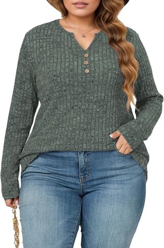 ROSRISS Plus-Size-Tops-for-Women Dressy Long Sleeve Shirts Casual V Neck Tunics Trendy Loose Ribbed Knit Pullover Sweaters in Saudi Arabia