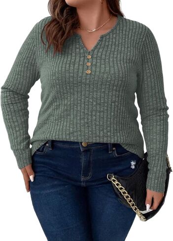 ROSRISS Plus-Size-Tops-for-Women Dressy Long Sleeve Shirts Casual V Neck Tunics Trendy Loose Ribbed Knit Pullover Sweaters in Saudi Arabia