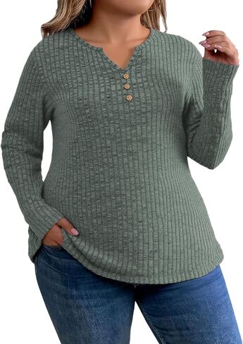 ROSRISS Plus-Size-Tops-for-Women Dressy Long Sleeve Shirts Casual V Neck Tunics Trendy Loose Ribbed Knit Pullover Sweaters in Saudi Arabia