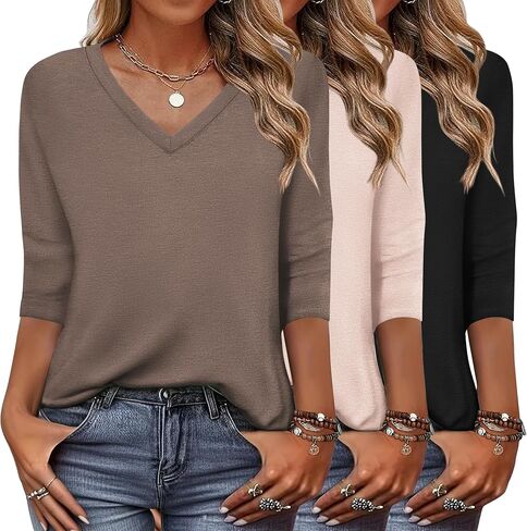 Zeagoo Women's T Shirts 3 Pack 3/4 Sleeve V Neck Basics Tees Casual Loose Fit Soft Fall Tops Outfits 2025 S-XXXL in Saudi Arabia