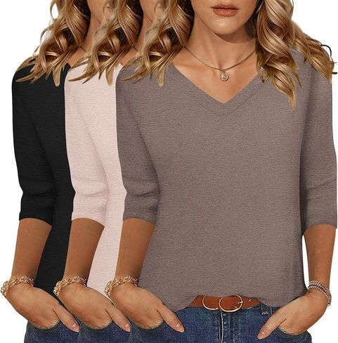 Zeagoo Women's T Shirts 3 Pack 3/4 Sleeve V Neck Basics Tees Casual Loose Fit Soft Fall Tops Outfits 2025 S-XXXL in Saudi Arabia