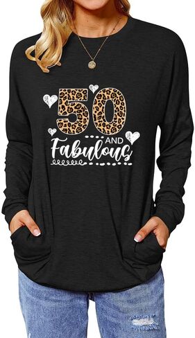 Birthday Shirts for Women Long Sleeve Tunic Tops with Pocket Leopard 50 and Fabulous 50th in Saudi Arabia