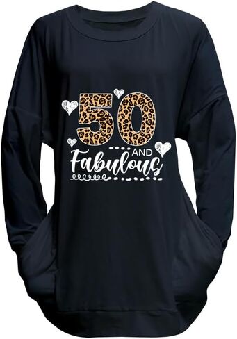 Birthday Shirts for Women Long Sleeve Tunic Tops with Pocket Leopard 50 and Fabulous 50th in Saudi Arabia