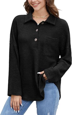 Women Waffle Knit Tops Long Sleeve Henley Shirts Womens Button-Up Casual V Neck Tunic Fall Pullover Sweater in Saudi Arabia