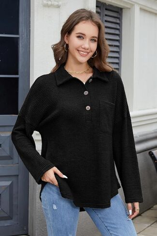 Women Waffle Knit Tops Long Sleeve Henley Shirts Womens Button-Up Casual V Neck Tunic Fall Pullover Sweater in Saudi Arabia