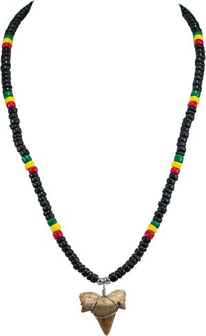 BlueRica Fossil Shark Tooth on Rasta Beads Necklace (18" 2S) in Saudi Arabia