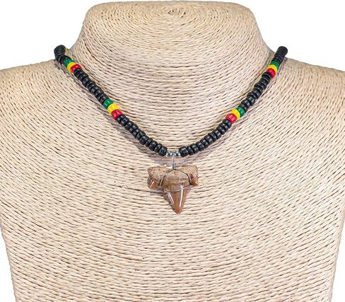 BlueRica Fossil Shark Tooth on Rasta Beads Necklace (18" 2S) in Saudi Arabia