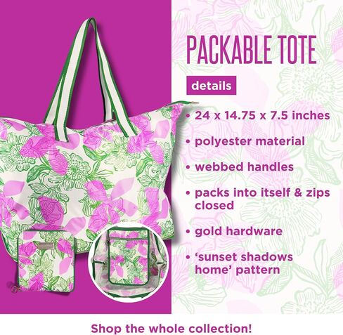 Lilly Pulitzer Large Packable Tote, Reusable Grocery Bag that Packs Into Itself, Tote with Shoulder Strap and Zipper in Saudi Arabia